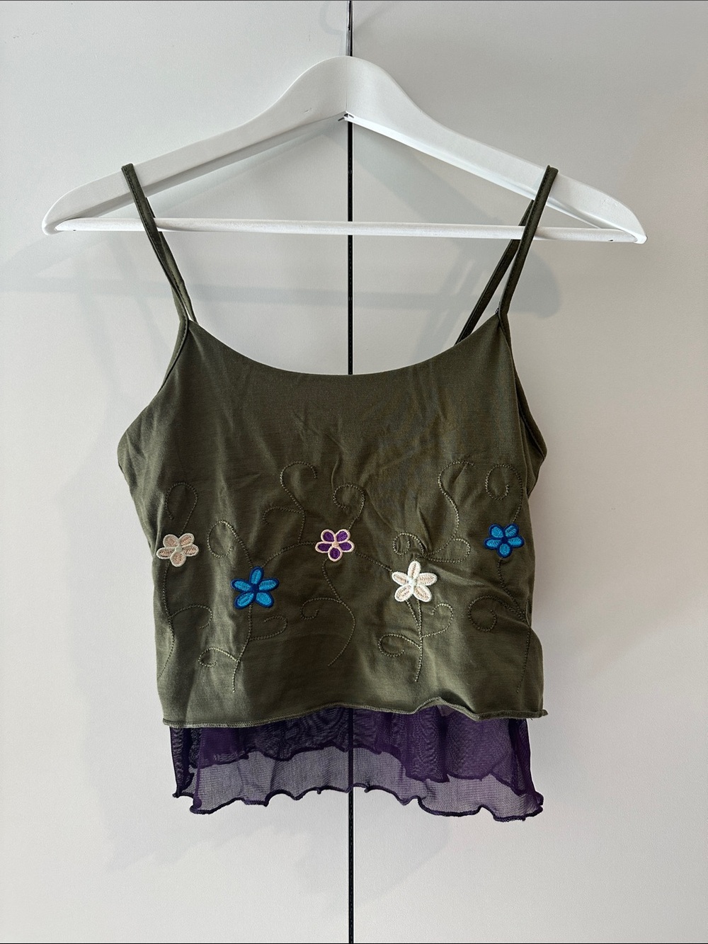 Olive Green Floral Appliqué Cami Top with Purple Mesh Hem - Picture 1 of 4